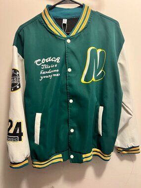Unbranded Green White Varsity Baseball Jacket Fleece Lined Vintage Style